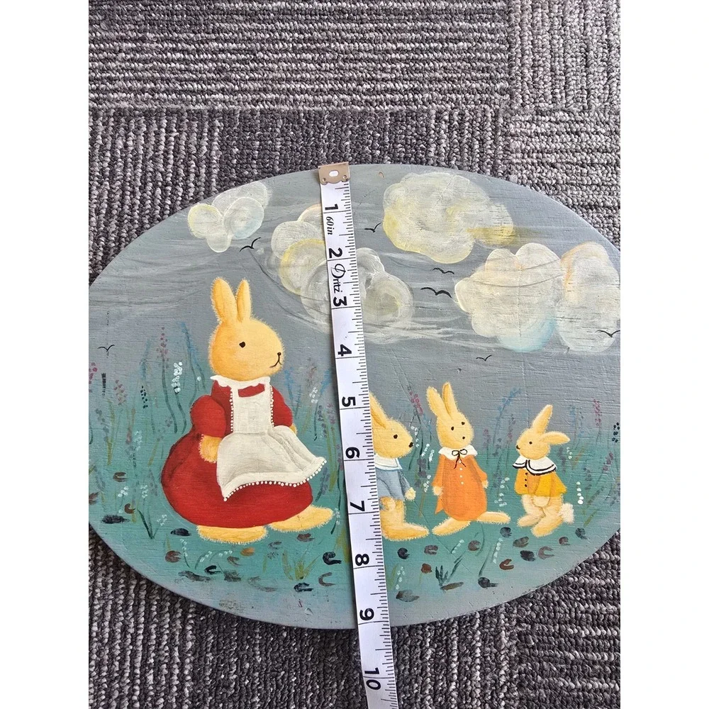 Vintage Hand Painted Wood Plaque Bunny Rabbit Family Folk Art Beatrix Potter